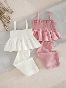 Cozy Pixies 4 件套女婴纯色蝴蝶结装饰吊带背心和松紧腰裤套装