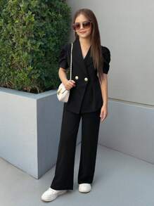 Firerie Kids Firerie Kids Nova Glow Tween Girl 两件套黑色复古喇叭袖修身西装外套和直筒裤 - 黑色 - 查看 4