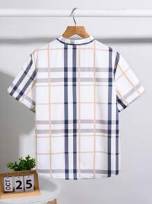 SHEIN Tween Boy Casual College Plaid Stand Collar Short Sleeve Half-Placket Shirt, Suitable For Commuting, School, Everyday Casual Wear, Sports, Spring & Summer - White - View 3