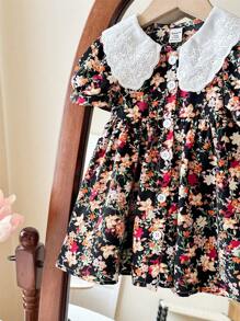 SHEIN Babygirl Summer Cute Floral Print Vacation Dress - Black - View 6