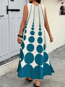 Breezaya Plus Size Teal Blue And White Polka Dot Midi Dress: Casual Summer Spaghetti Strap Dress With Ruffle Hem - Multicolor - View 2