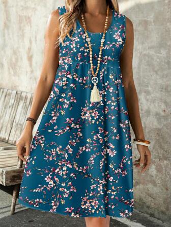 EMERY ROSE Casual Minimalist Round Neck Sleeveless Loose Mini Dress For Women, Suitable For Summer Chic Dress