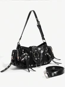 SHEIN ICON Ladies, Women Shoulder Bag, Hobo Bag, Fashionable, Personalized, Simple, Versatile, Street, Sweet And Cool Girls, Hot Girls, Y2k, Rivets, Biker Style, Punk, Teenagers, New Arrival Tote Bags For Woman , Goth - Black - View 5