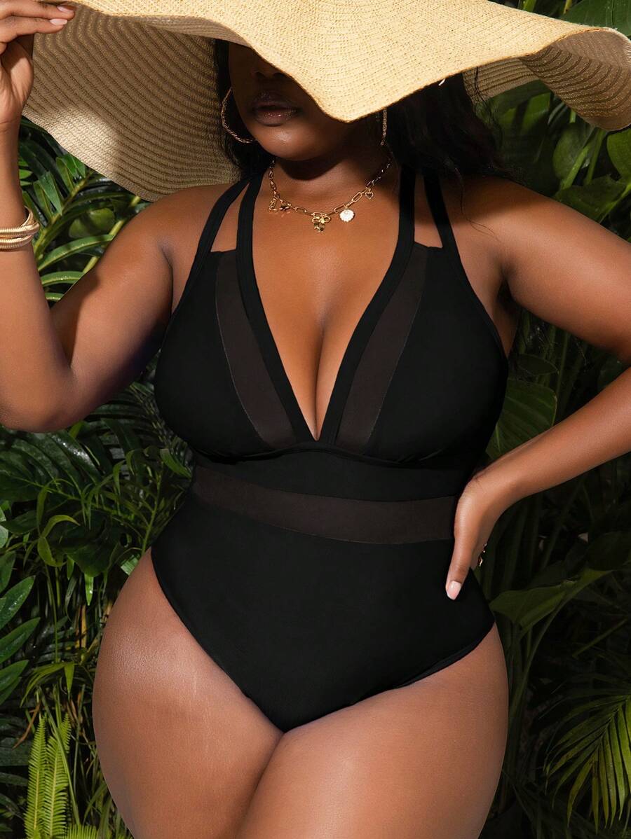 Slaydiva Sexy Deep V-Neck Mesh Splice Shoulder Design Plus Size One-Piece Swimsuit For Summer Beach Vacation - Black - View 1