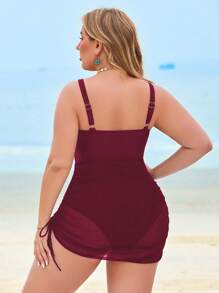Swim Lushoire Váy lưới vá một mảnh có thể điều chỉnh cỡ lớn phong cách - Màu Đỏ Sâu - Xem 3