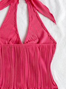 Soleia 休闲颈部系带金属扣修身不对称下摆短款上衣 - 玫紅色 - 查看 4