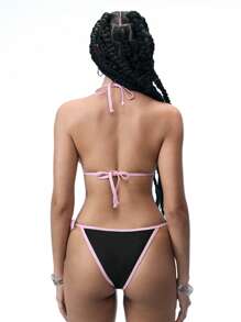 SHEIN Swim Event 2pcs/Set New Women Swimwear, Micro Triangle Pink Butterfly Print Halter Top And Pink Side-Tie Triangle Bottoms, Suitable For Beach, Vacation, Swimming, Music Festival, Fashion Party - Black - View 5