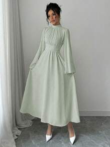 Rafferiza 女士纯色立领长袖简约长裙，休闲日常穿着长款女装 - 綠色 - 查看 3