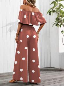 SHEIN Clasi 1 Set Off-Shoulder Polka Dot Print Blouse And Wide Leg Pants (Floral Pattern Randomly Placed) - Redwood - View 2