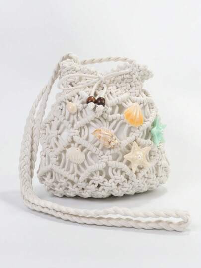 ROMWE Kawaii 1pc Cute White Drawstring Starfish, Shell, Conch Decor Fishing Net Crossbody Bag For Women