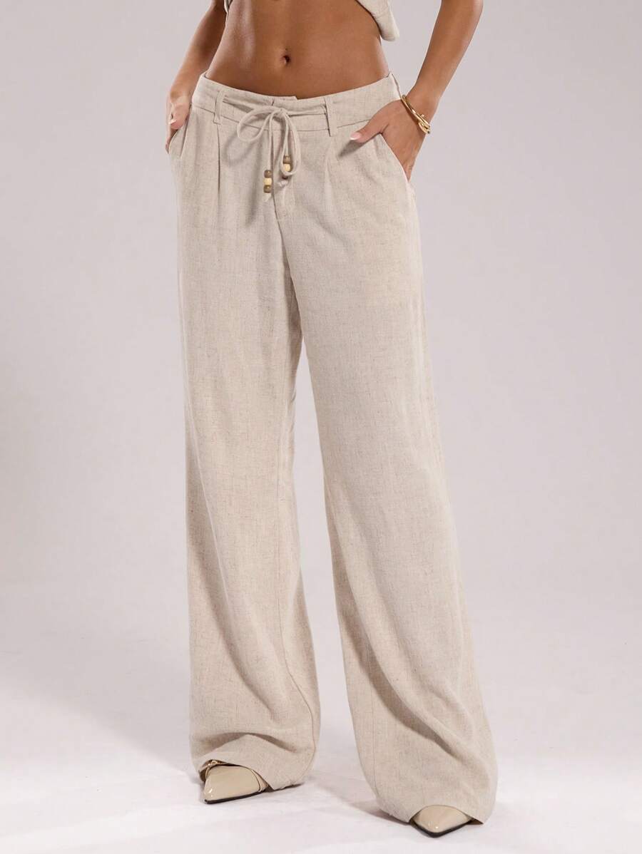 SHEIN BAE Pantalon ample à taille haute et jambe large en lin beige clair pour femme, couleur unie, décontracté, convient pour le port quotidien, les vacances, le bureau, le printemps et l'été