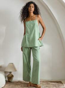 Ocili 休闲两件套 100% 纯棉舒适吊带背心和裤子家居服套装假日季节服装 - 綠色 - 查看 2