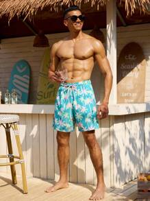 Manfinity Swimmode Pantalones cortos de playa con cintura de cordón y bolsillo para hombres con estampado de plantas