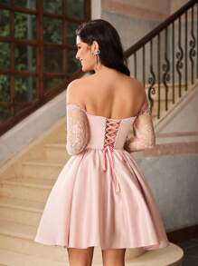 Lovelzi 优雅撞色蕾丝露肩薄纱袖缎面连衣裙，适合婚礼、派对、活动、节日、舞会、婚礼宾客礼服、舞会礼服、情人节等场合。 - 粉色 - 查看 2