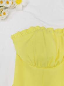 INAWLY Women's Solid Color Ruched Bandeau Dress, Vacation Style - Yellow - View 5