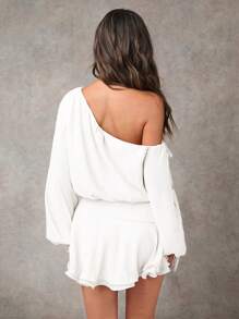 SHEIN BAE Vestido corto de mujer casual con cuello asimétrico, manga farol y volantes en el bajo, perfecto para un brunch, atuendo de mujer de otoño, vestido para una fiesta del té - Blanco - Ver 2
