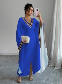 Elenzga V-Neck Long Asymmetrical Hem Printed Dress For Women - Blue - View 3