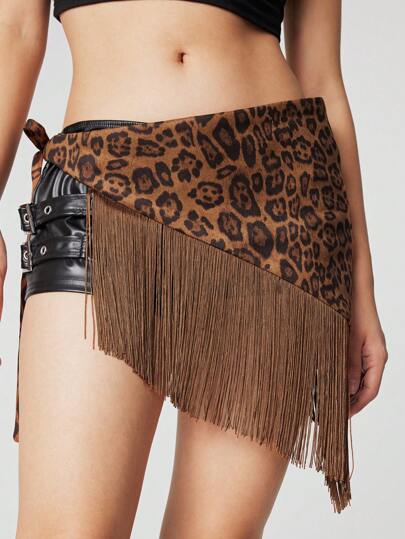 Grunge Punk 1pc Brown Leopard Print Corset Belt, Vintage Fringe Waist Band For Dresses, Casual Party Punk Style Waistbelt