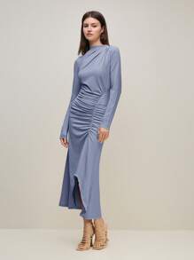 BizChic 2025 Sommer Neu Blaues Kleid mit V-Ausschnitt, geraffelte Schulter, asymmetrischer Saum und Langarm, Business Lässig Tagesoutfit elegant für Strandurlaub, geeignet als Hochzeitsgast, Country Music Festival, Brunch, Flughafen Lässig, 90er Jahre Vintage Stockholm Stil, 4. Juli - Blau - Übersicht 6