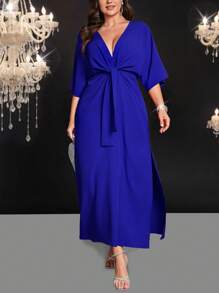 Cravure Long Cinched Waist Solid Color Dress, Minimalist & Fashionable, Suitable For Summer - Blue - View 3