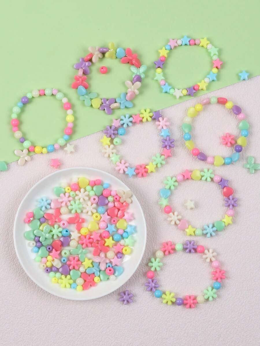 SHEIN 1 Set(100g)/2 Set(200g)/5 Set (500g ) Randomly Mixed Colored Five Pointed Star Small Flower Butterfly Heart-Shaped Beads, With Pre Drilled DIY Jewelry Manufacturing Material Package Set, Used For DIY Bracelets, Phone Chains, Bag Chains, Handmade Jewelry Manufacturing Equipment (Including Elastic Rope)