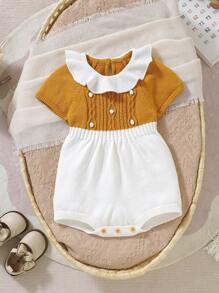SHEIN New Born Baby Contrast Color Ruffle Raglan Short Sleeve Knitted Romper - Mustard Yellow - View 3