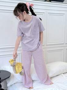 Dazy Kids 青少年女孩纯色短袖上衣和格子裤家居服睡衣套装，女孩夏季服装，返校服装 - 紫色 - 查看 2
