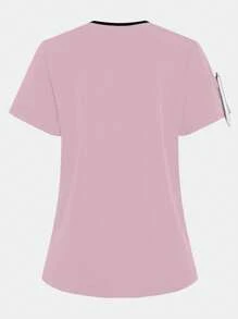 TaskEZ Women Contrasting Color Trim Short Sleeve Top, Scrub Tops - Baby Pink - View 2