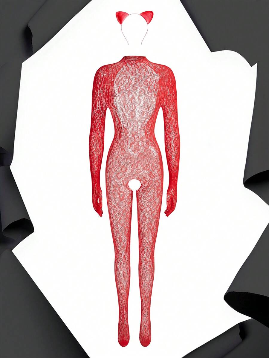 2 piezas Lencería de mujer sin entrepierna, sensual y tentador disfraz de estampado leopardo de malla de red - Rojo - Ver 1