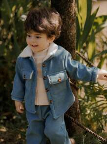 SHEIN Áo khoác dài tay cổ ve lót nhiệt cài nút phía trước cho bé trai và quần lót nhiệt màu trơn, ấm áp và thoải mái khi mặc vào mùa thu, xuân và đông - Màu xanh lam - Xem 4