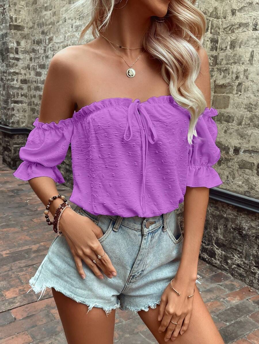 Breezaya Women's Vacation Solid Color Off Shoulder Loose Short Sleeve Shirt