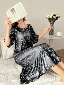 Ruffled Ditsy Floral Long Nightgown Babydoll Perfect Summer - Dark Grey - View 6