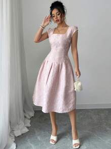 SHEIN PETITE Váy dài vừa phải vải jacquard cho nữ 2025, thời trang - Hồng - Xem 3