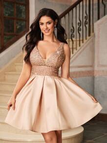 Lovelzi 优雅奢华的 V 领亮片拼接缎面闪亮超大 A 字裙，适合婚礼、单身派对、度假、毕业典礼、晚会、婚礼宾客礼服、舞会礼服 - 藕粉色 - 查看 3