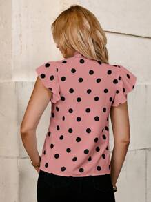 Solivie Black & White Polka Dot Bowknot Collar Cap Sleeve Fitted Women Blouse For Summer Country - Pink - View 2