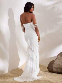 Opulessa Plain Knit Mesh Cropped Camisole Slit Ruffle Trim Dress For Women