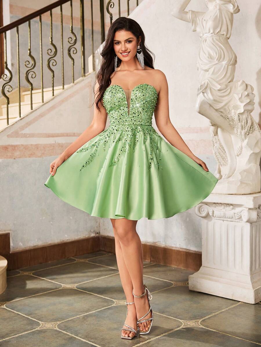 Lovelzi 女士亮片拼接露肩迷人时尚连衣裙