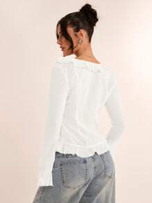 SHEIN BAE Women's Spring Elegant Floral Ruffle Trim Flare Long Sleeve Chiffon Blouse Shirt, Suitable For Date, Gatherings, Vacations, Casual Outings