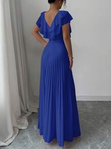 Elenzga V-Neck Ruffled Waist A-Line Elegant Romantic Women Dress - Royal Blue - View 2