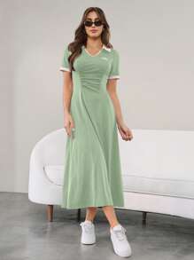 Seusyu 女式撞色荷叶边领短袖休闲连衣裙