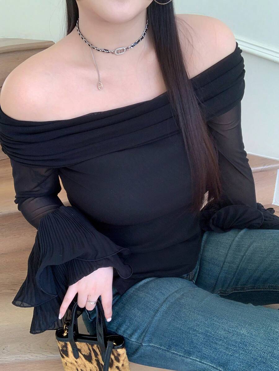 Modelyn Áo trễ vai xếp ly tay loe thời trang cỡ lớn cho nữ - màu đen - Xem 1