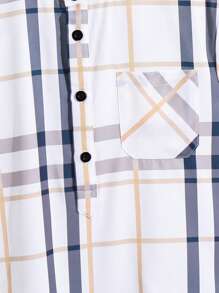 SHEIN Tween Boy Casual College Plaid Stand Collar Short Sleeve Half-Placket Shirt, Suitable For Commuting, School, Everyday Casual Wear, Sports, Spring & Summer - White - View 7