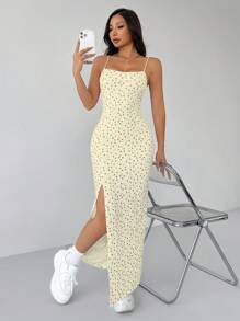 SHEIN PETITE White Ditsy Floral High Side Split Long Cami Dress,Butter Yellow - Mustard Yellow - View 1