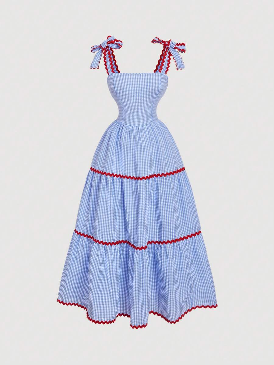 SHEIN MOD Váy thắt nơ kẻ sọc xanh trắng cho nữ, Váy ngày lễ tình nhân, Váy đi nghỉ, Váy dễ thương, Váy bohemian, Váy lễ hội âm nhạc - Xanh và trắng - Xem 1