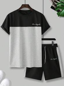 Manfinity Homme Herren Lässig Farbblock Buchstaben Muster Kurzarm T-Shirt und Shorts Set, Sommer