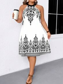 Breezaya Elegant Commuter & Holiday Casual Versatile Plus Size Women's Round Neck Sleeveless Black & White Patterned Fabric Dress, Spring/Summer/Autumn