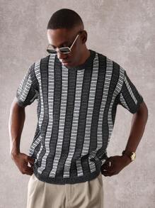 SUMWON Retro Stripe Knit T-Shirt Classic Short Sleeve Crewneck Sweater Top Casual Urban Streetwear Spring Summer Lightweight Premium - Grey - View 1