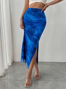 Chiquease 女士渐变印花休闲开衩侧裙 - 藍色 - 查看 5