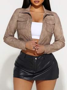 Zolique 女式长袖单排扣实用口袋短款休闲夹克 - 卡其色 - 查看 7