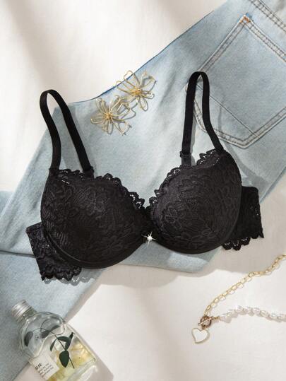 DesireSculpt 1 件女士黑色钢圈蕾丝衬垫聚拢内衣文胸套装